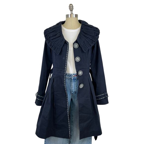 Nick and Mo Peter Pan Collared Button Front Navy Blue Tie Waist Long Jacket (M) - Picture 4 of 14